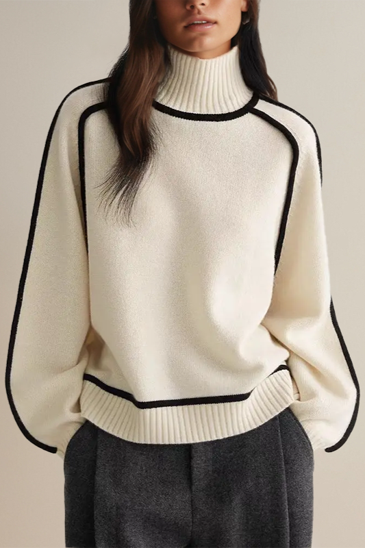 Chic women's relaxed fit knit turtleneck sweater for elegant cozy fall and winter outfits.