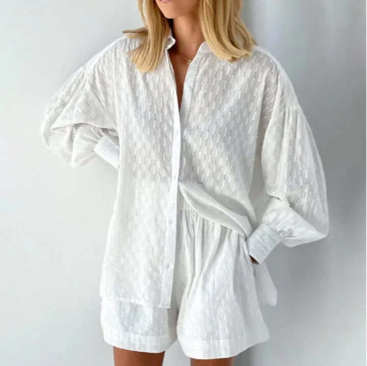 Women's relaxed shirt and shorts set for summer, offering comfort and chic style.