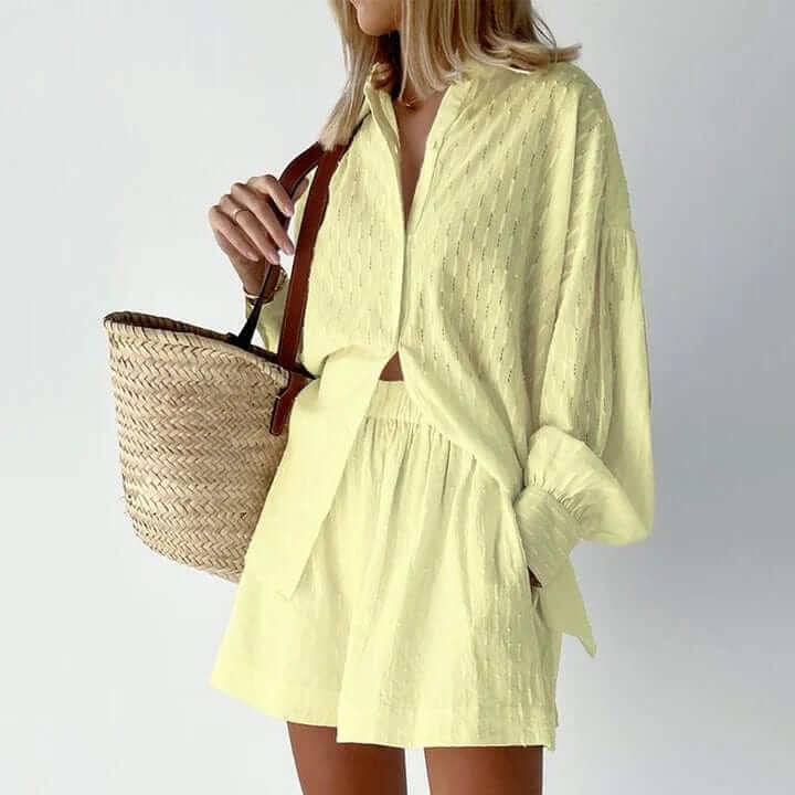 Stylish women's relaxed fit shirt and shorts set for beach trips, casual strolls, or lounging.