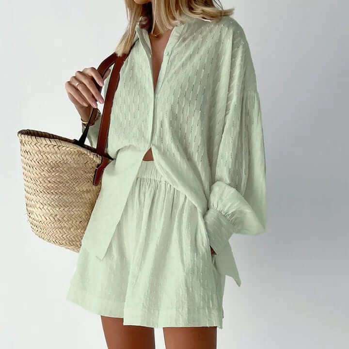 Versatile women's matching set: a relaxed shirt paired with coordinating shorts for easy styling.