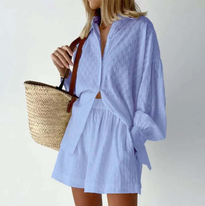 Soft women's relaxed fit shirt and shorts set, an essential for comfortable summer days.