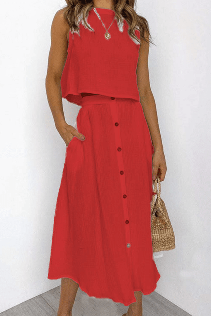 Comfortable women's daily wear two-piece set, featuring a relaxed round neck top and a stylish midi skirt.
