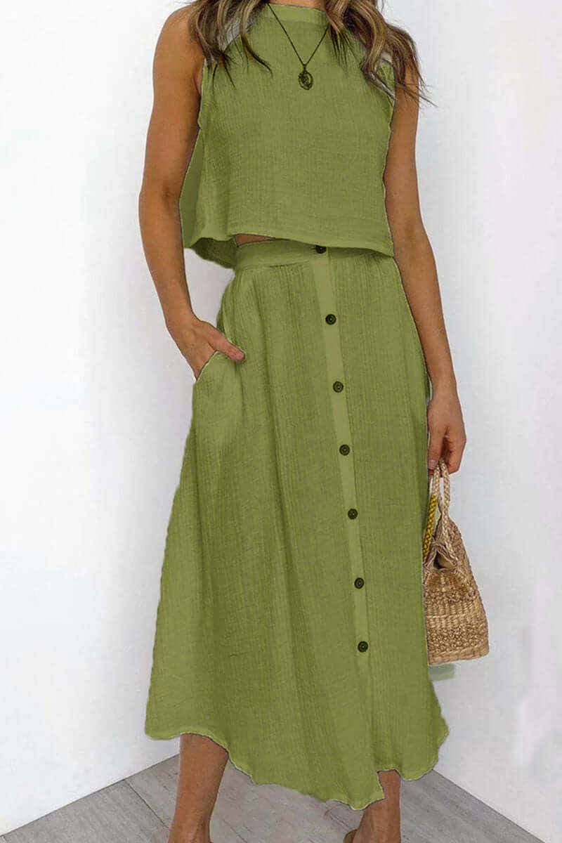 Modern women's co-ord set: relaxed round neck top & comfortable midi skirt. Effortless spring fashion.