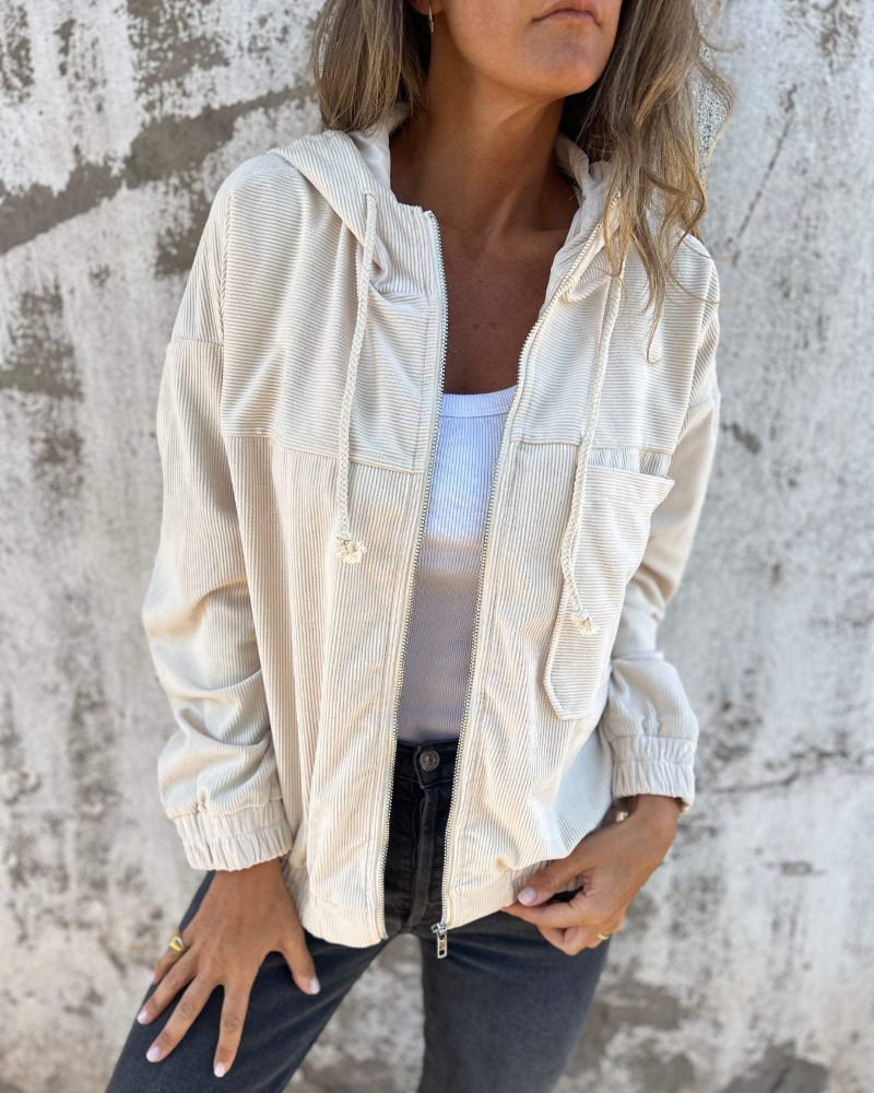 Women's retro corduroy zip jacket with a cozy hood, perfect for vintage-style fall and spring outerwear.