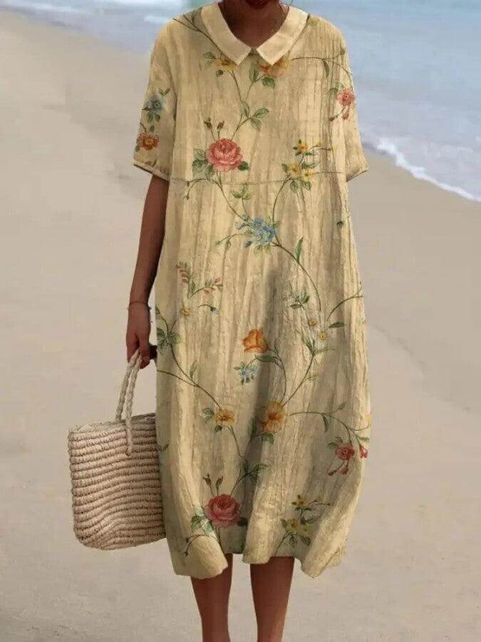 Women's retro floral cotton-linen shirt, loose fit, comfortable and breathable.