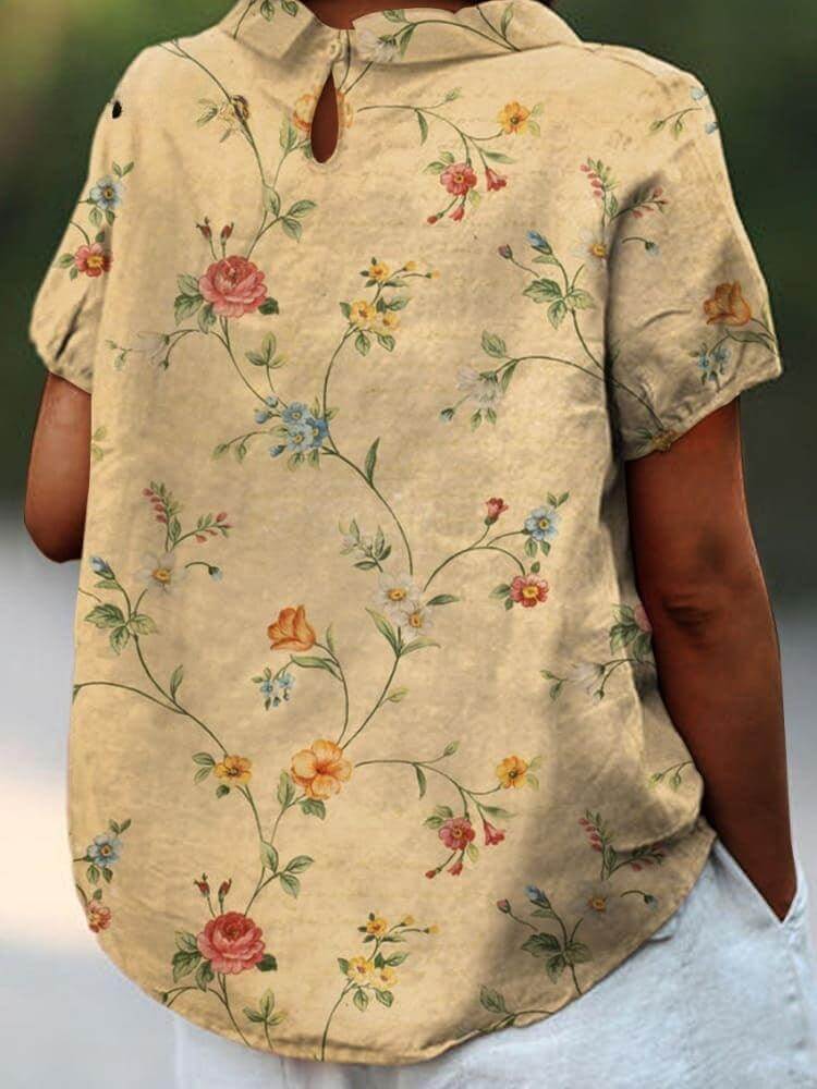 Elegant women's blouse with vintage floral print, comfortable loose fit, cotton-linen fabric.