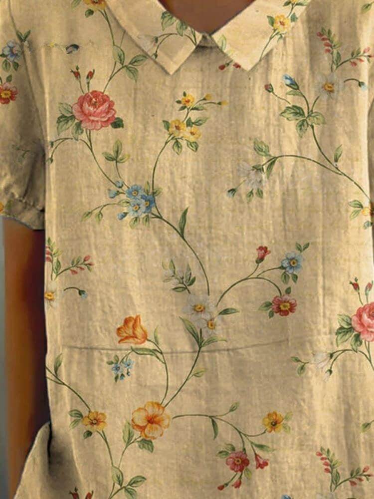 Comfortable women's cotton-linen shirt, breathable and stylish with a retro floral print.