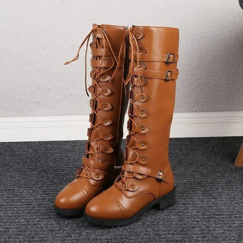 Stylish women's knee-high lace-up boots, embodying a comfortable retro footwear look.