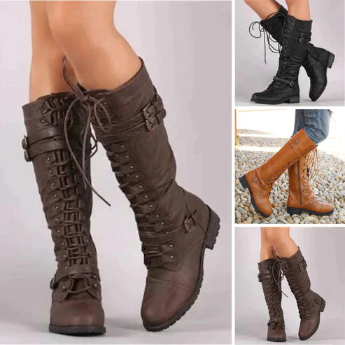 Full view of women's vintage style lace-up boots, ideal for winter fashion and comfort.
