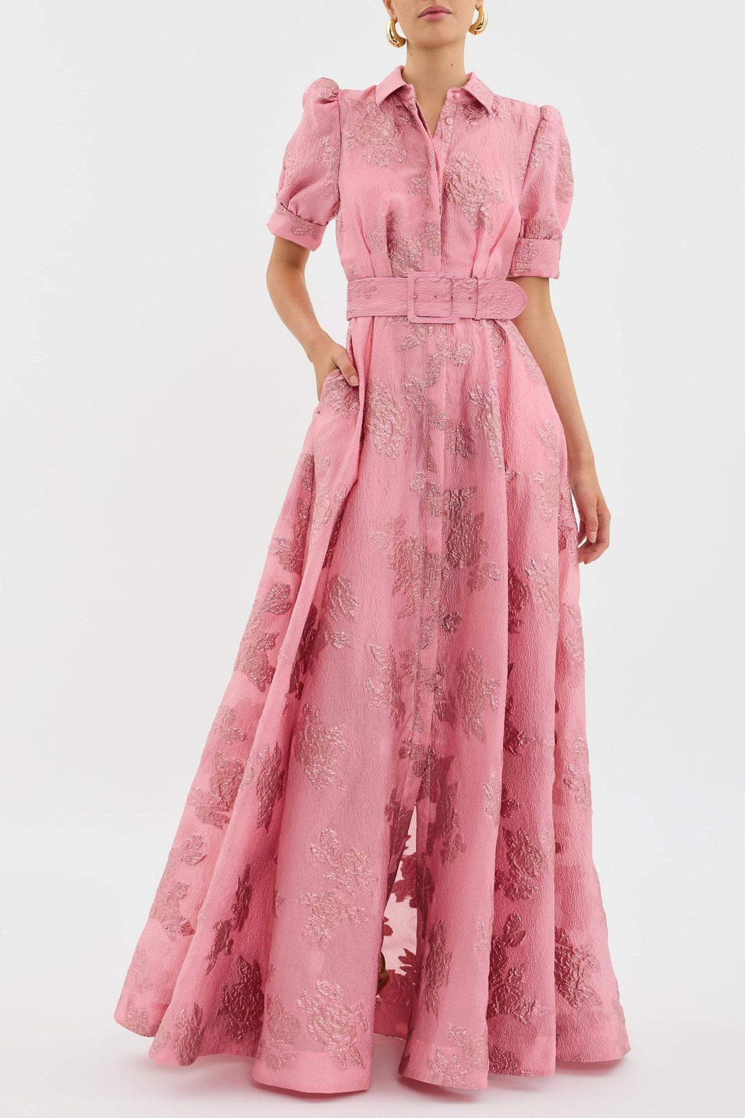 Women's retro pink lapel high waist dress, perfect for vintage-inspired elegance.
