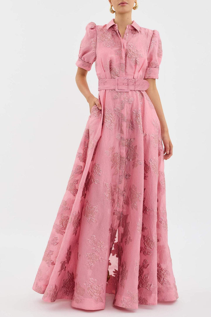 Women's retro pink lapel high waist dress, perfect for vintage-inspired elegance.