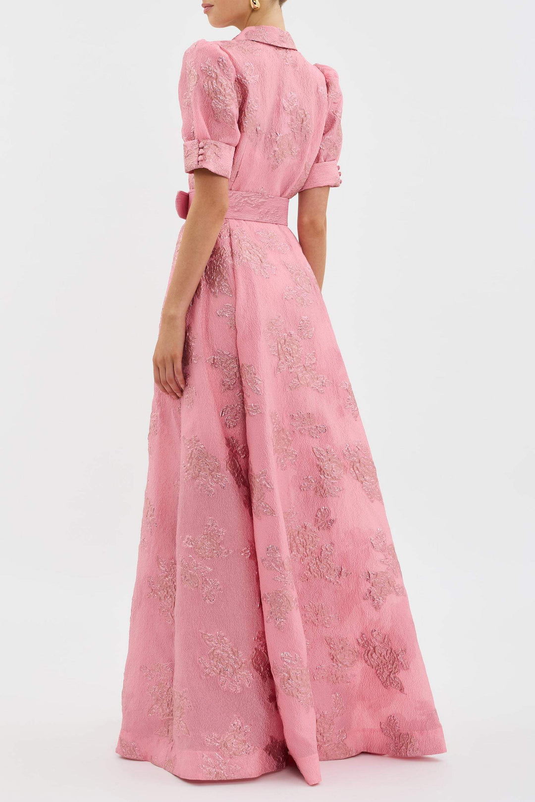 Elegant women's retro pink high waist dress with lapel collar, ideal for spring parties & special occasions.