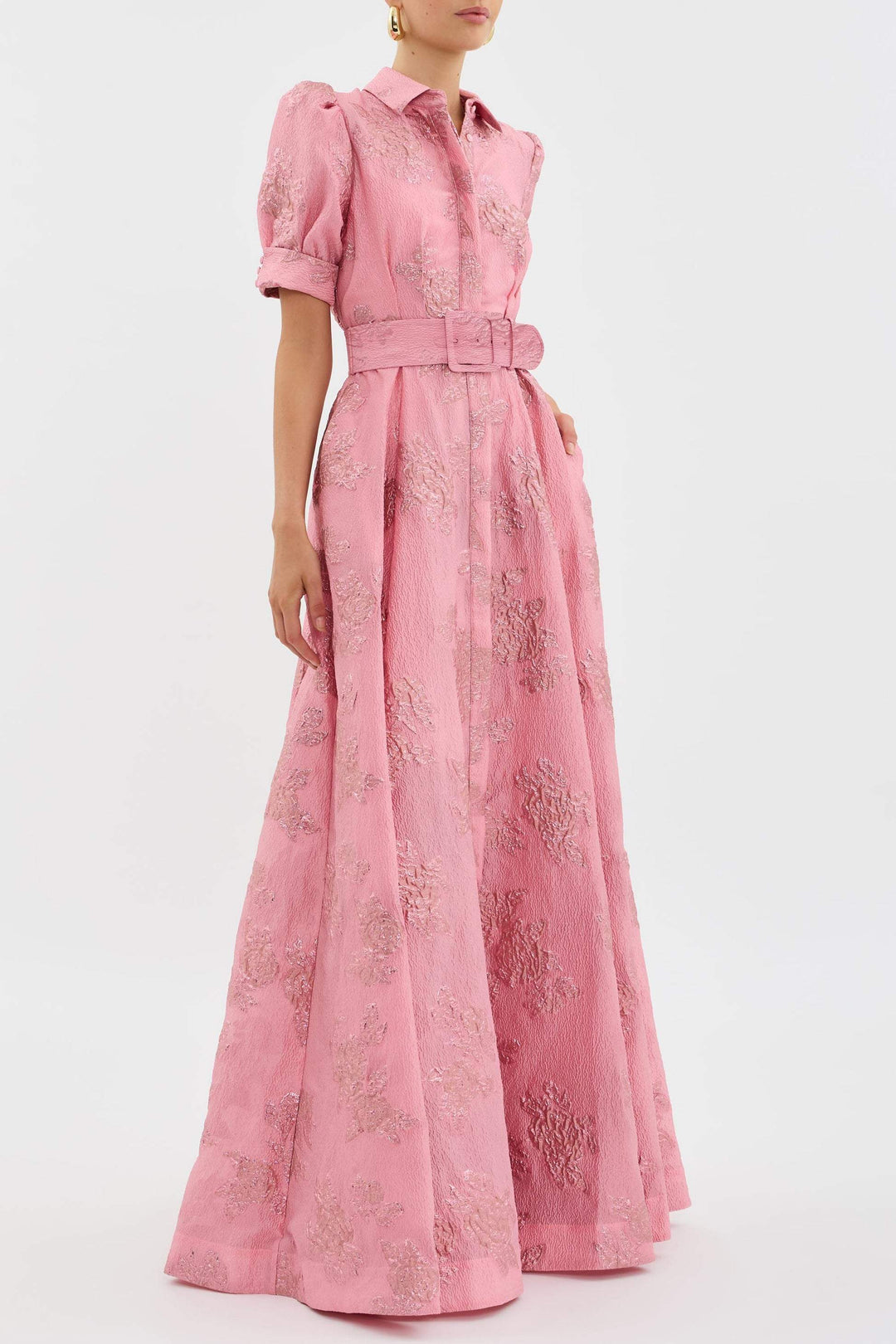 Classic women's vintage pink dress featuring a chic lapel and flattering high waist for a feminine look.