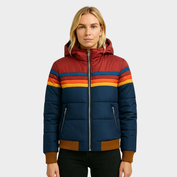 Women's retro striped hooded puffer jacket, ideal for winter casual wear. Cozy bomber style outerwear.