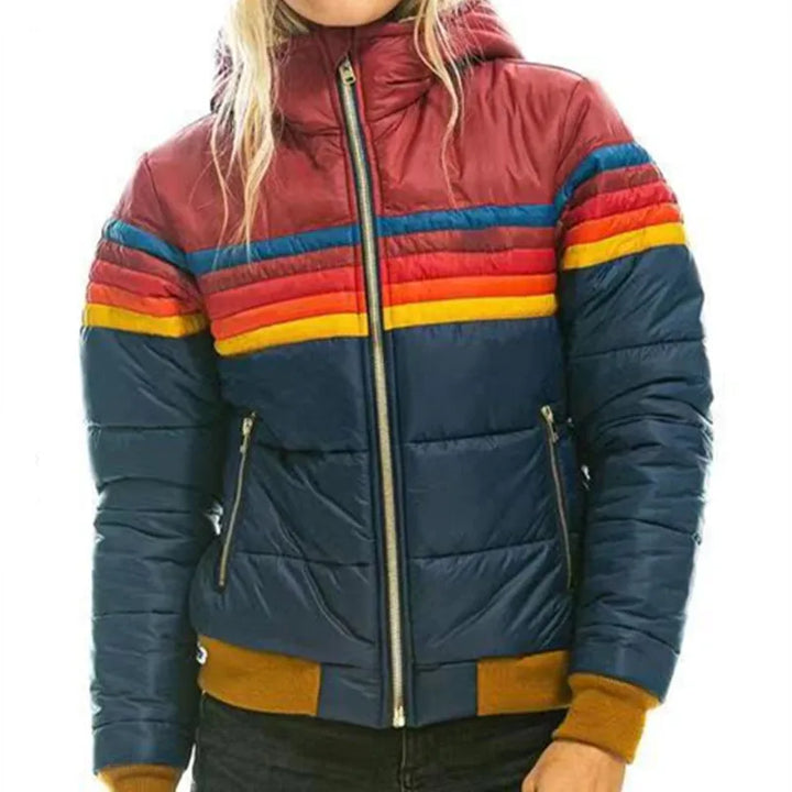 Stylish women's hooded puffer jacket with retro stripes. Perfect casual winter outerwear.