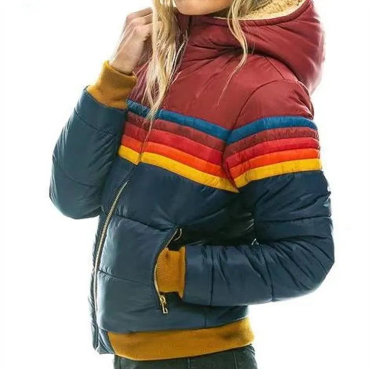 Cozy women's retro striped puffer jacket with hood for winter fashion & outerwear.