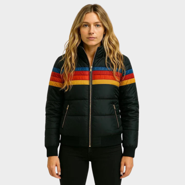 Retro striped women's hooded puffer jacket. A warm & fashionable bomber style for casual winter.