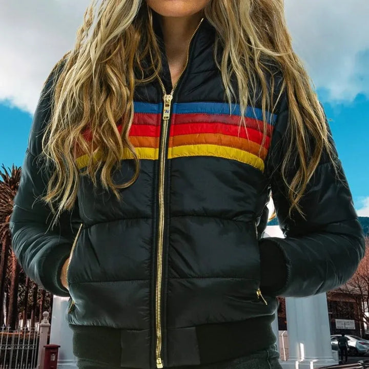 Women's hooded puffer jacket featuring a retro stripe design. Essential casual winter outerwear.