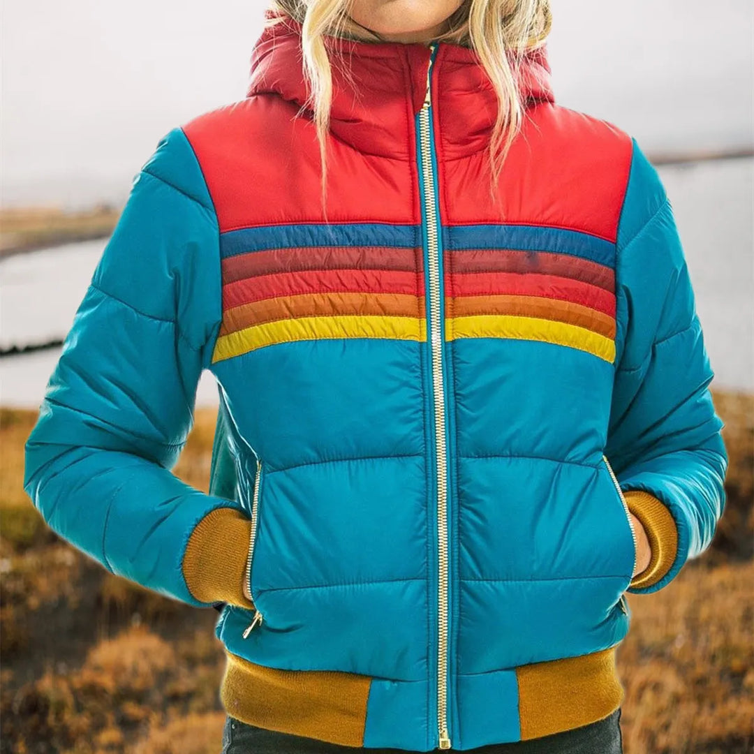 Fashionable women's retro striped hooded puffer jacket, great for winter warmth and street style.