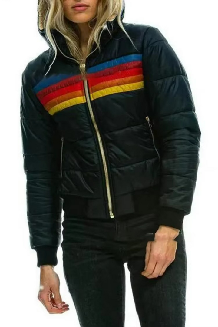 Stylish women's retro striped puffer jacket for cold weather fashion and warmth.