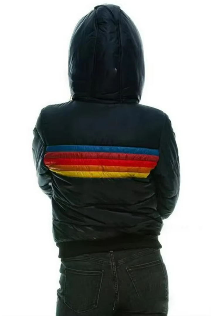 Cozy women's padded puffer jacket with retro stripes, perfect long sleeve winter outerwear.