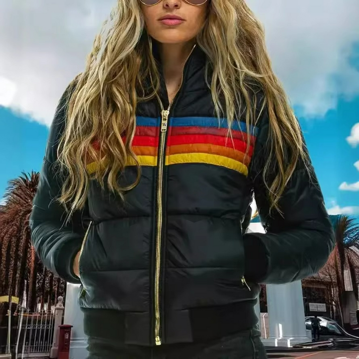 Fashionable women's retro striped padded jacket, a warm and stylish piece for winter.