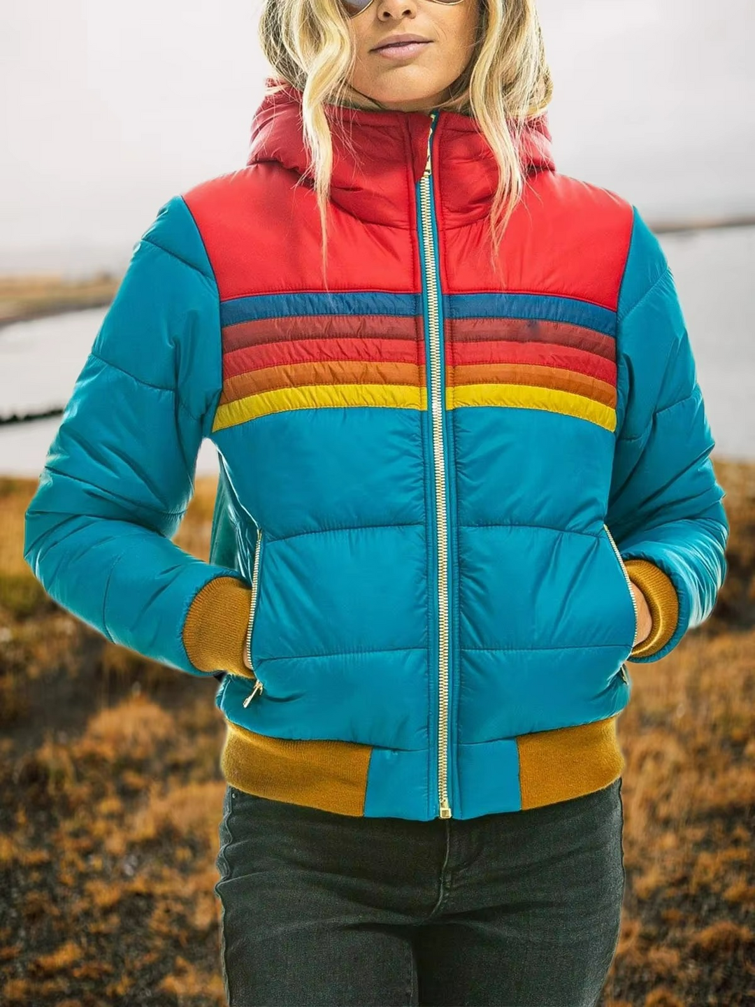 Retro striped women's puffer jacket, padded and warm for cold weather comfort.