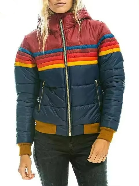 Long sleeve women's retro striped padded puffer jacket, essential winter outerwear.