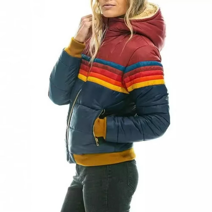 Women's retro striped puffer jacket, a stylish padded outerwear piece for cold weather.