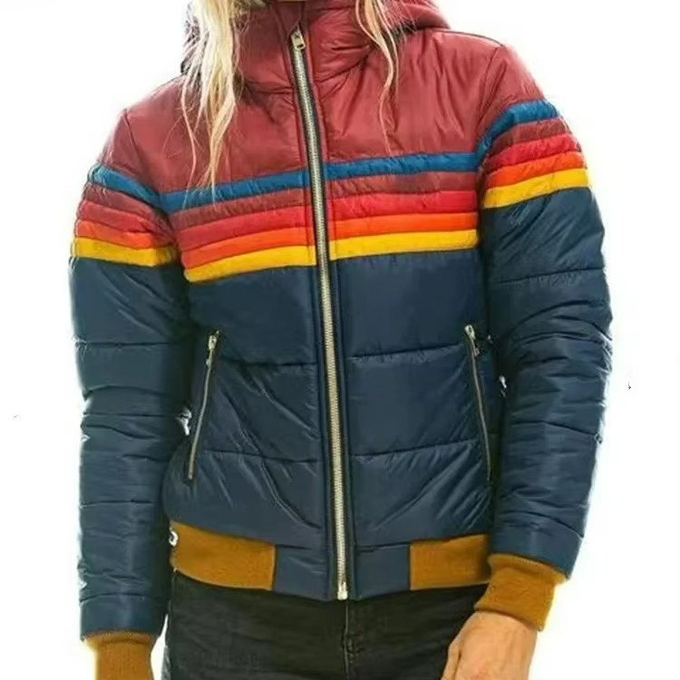 Padded women's retro striped winter jacket, offering cozy warmth and retro style.