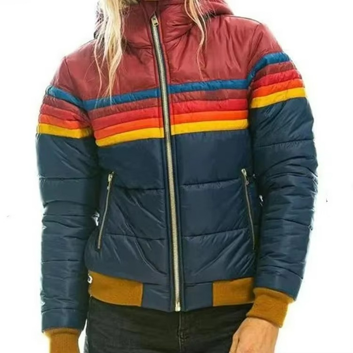 Padded women's retro striped winter jacket, offering cozy warmth and retro style.