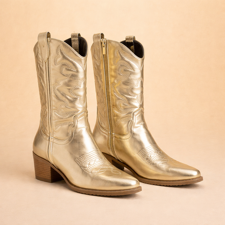 Women's versatile retro western cowboy boots, ankle height with practical side zipper, comfortable.