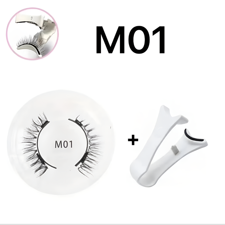 Women's reusable magnetic eyelash & tweezer kit with no-glue false lashes for quick glam beauty.
