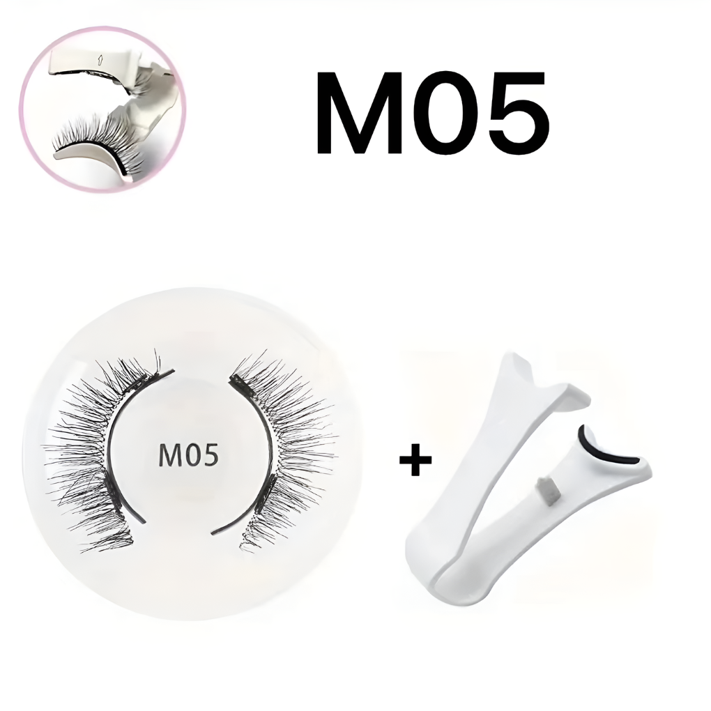 Woman applying reusable magnetic false lashes using the included lash applicator tool for quick, no-glue beauty.