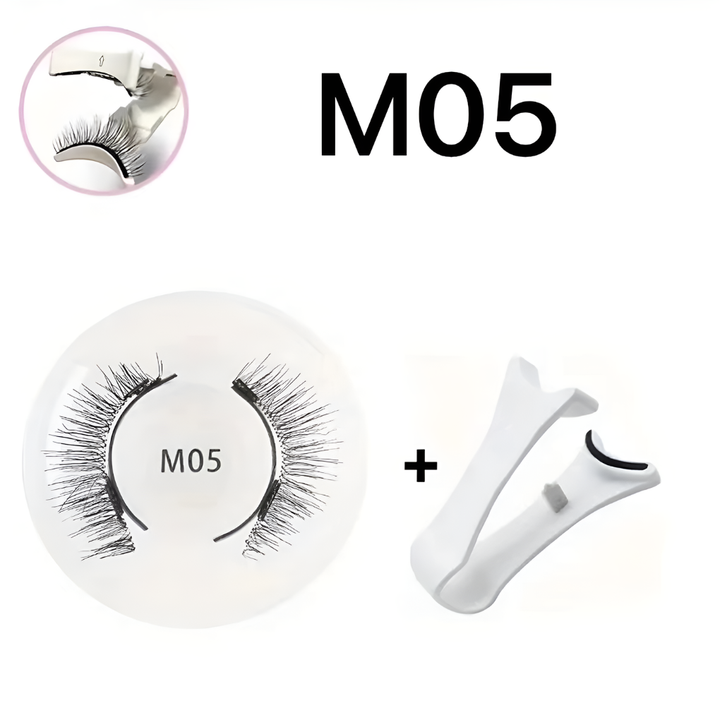 Woman applying reusable magnetic false lashes using the included lash applicator tool for quick, no-glue beauty.