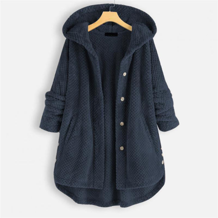 Stylish women's hooded fleece jacket, reversible design. Ideal fall fashion & casual winter outerwear.