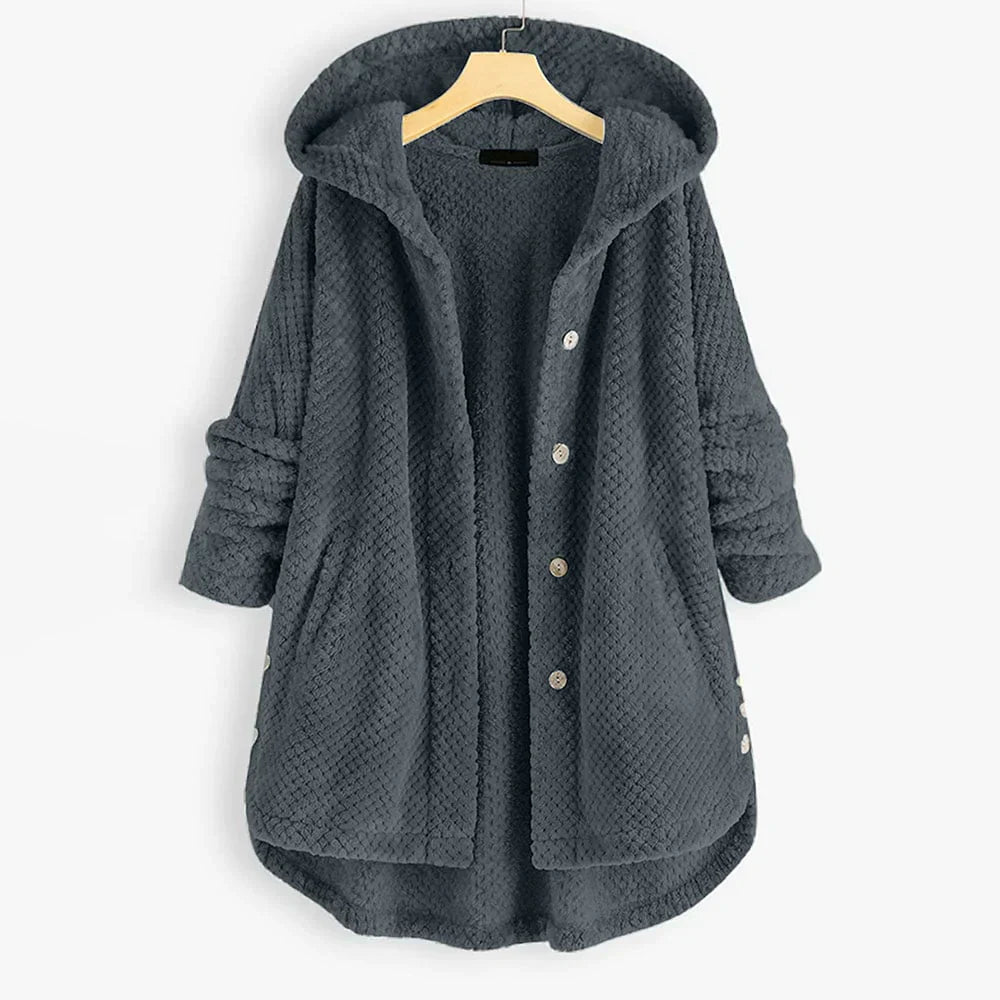 Warm women's reversible hooded jacket, soft FleeceLux material. Stylish outerwear for cozy fall & winter.