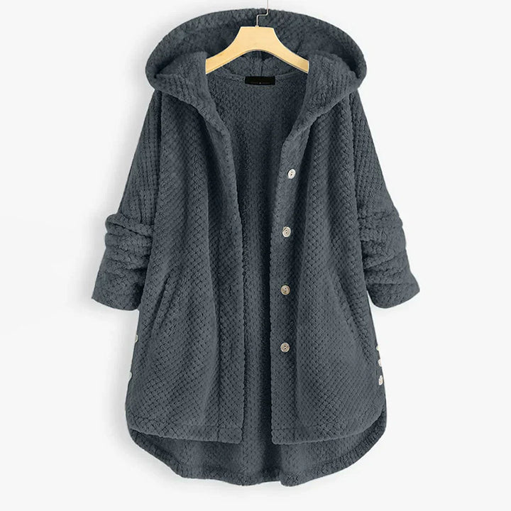 Warm women's reversible hooded jacket, soft FleeceLux material. Stylish outerwear for cozy fall & winter.