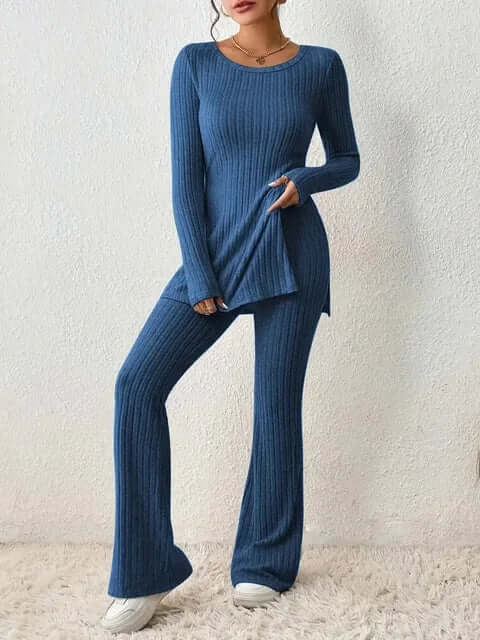 Women's ribbed knit co-ord set, a stylish two-piece matching outfit for effortless fall fashion.