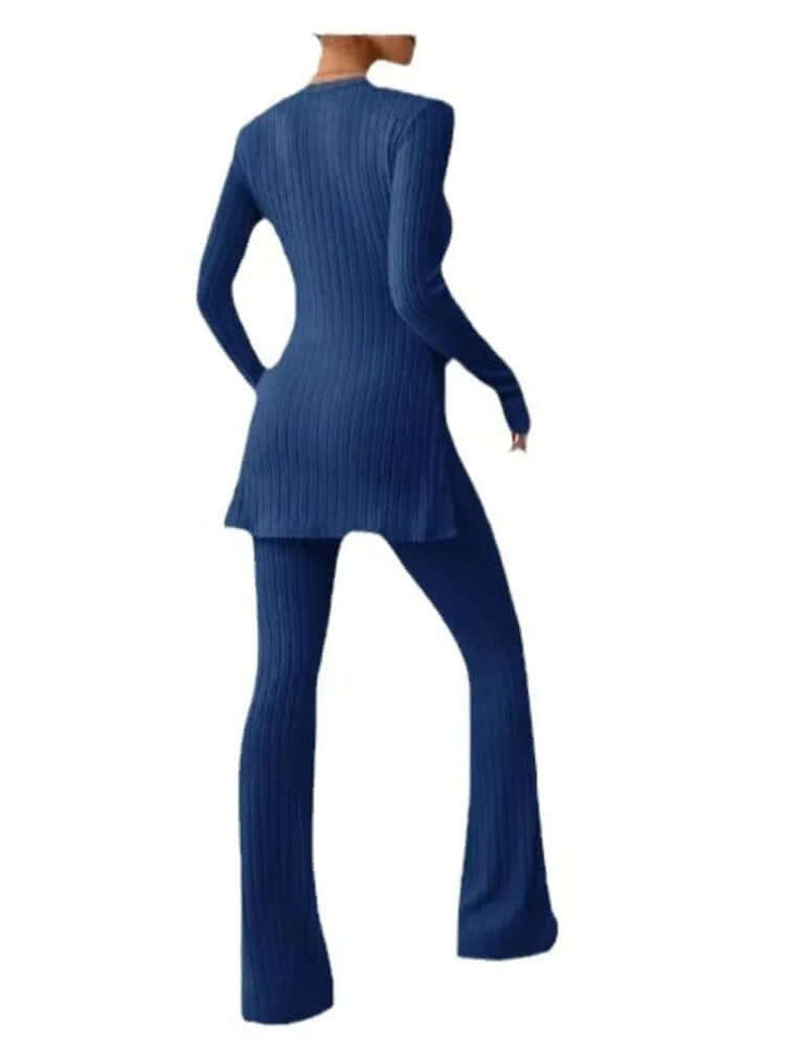 Women's comfortable ribbed knit co-ord set, perfect for an elegant yet relaxed casual chic look.