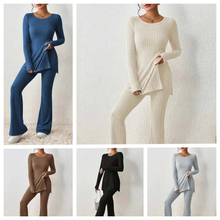 Ribbed knit co-ord set for women, a complete matching outfit with a long sleeve top and flared trousers.