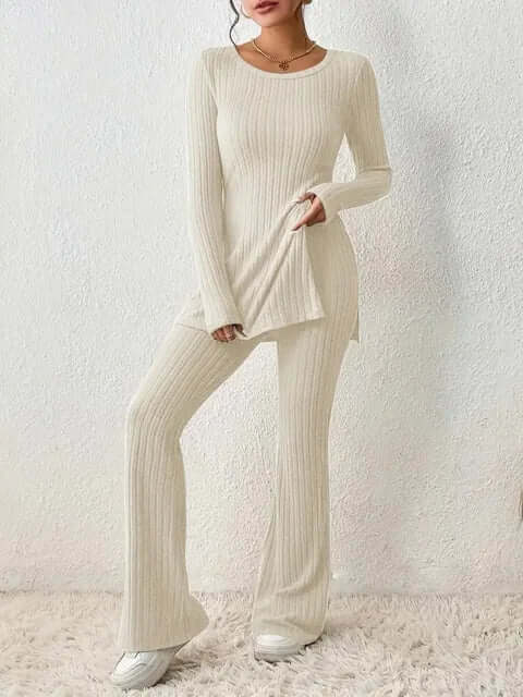 Casual chic women's ribbed knit co-ord set, perfect for comfortable fashion and everyday style.