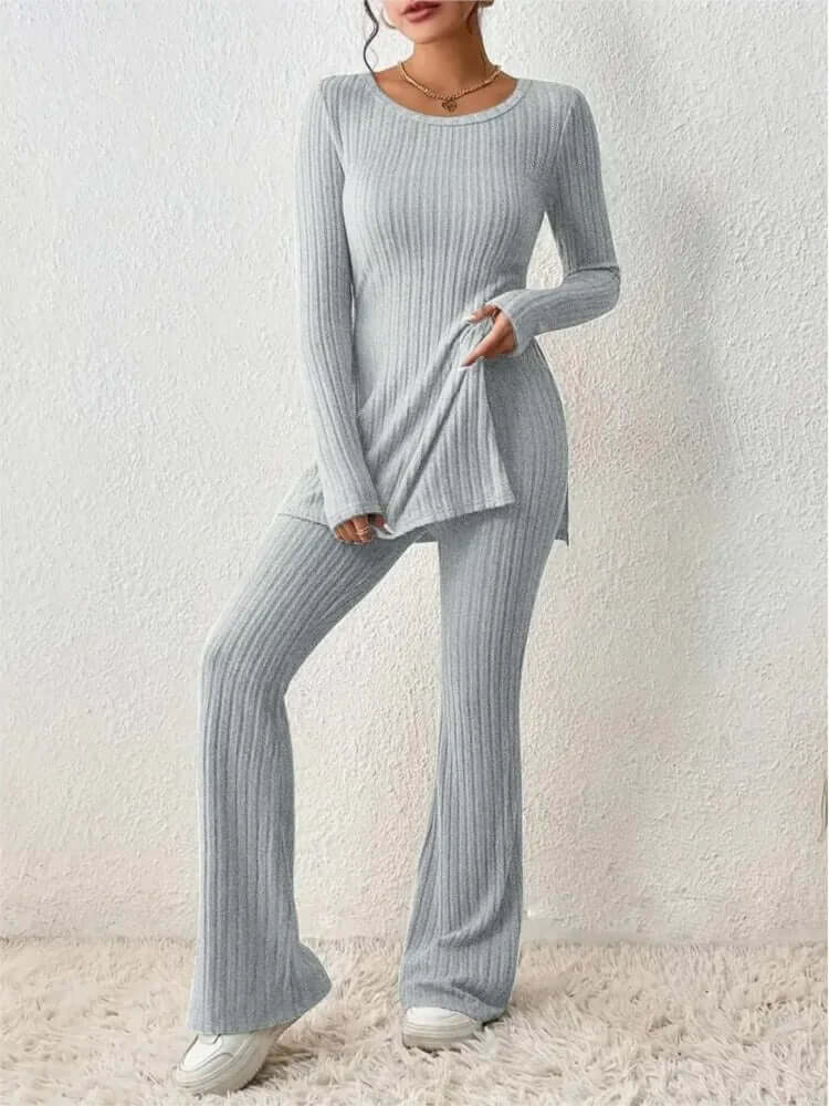 Cozy women's ribbed knit lounge set, a comfortable two-piece for relaxed at-home or casual wear.