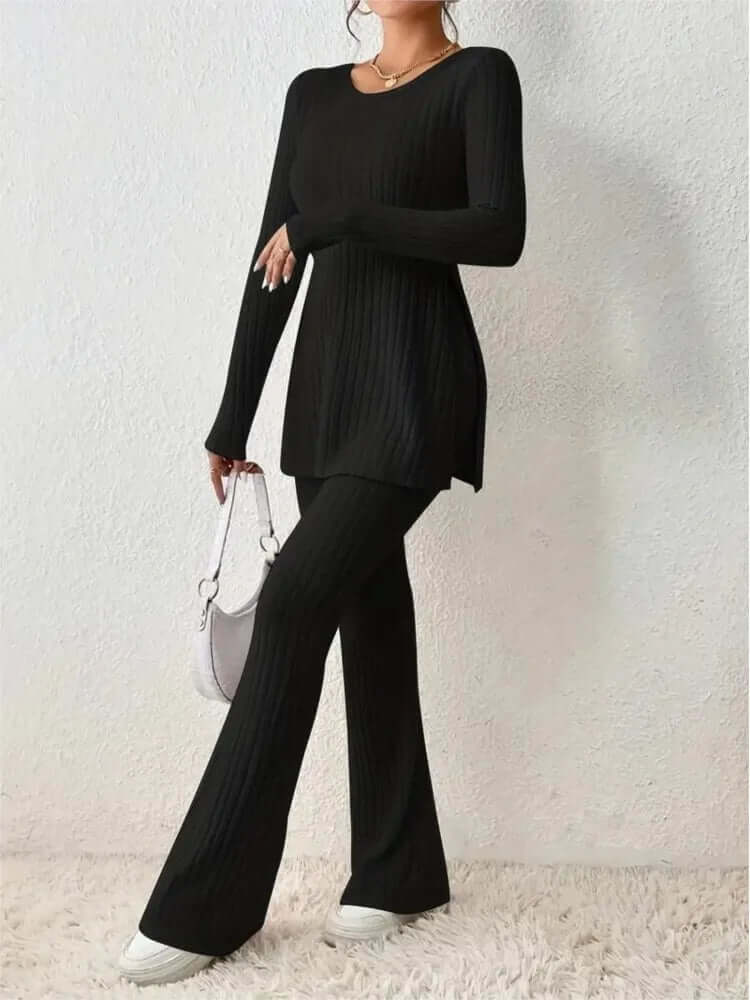 Women's ribbed knit co-ord set, a fashionable matching outfit that combines comfort and chic design.