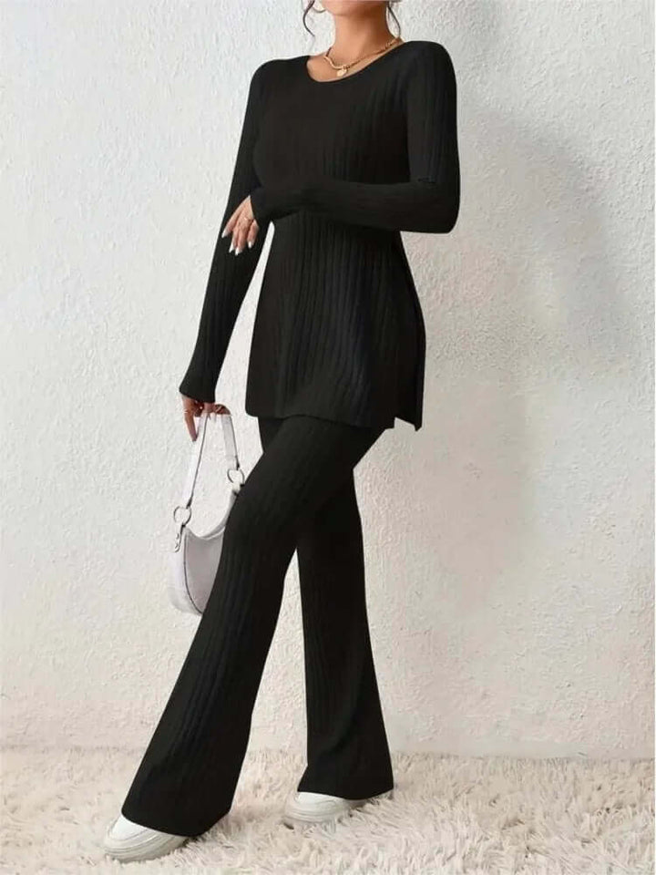 Women's ribbed knit co-ord set, a fashionable matching outfit that combines comfort and chic design.