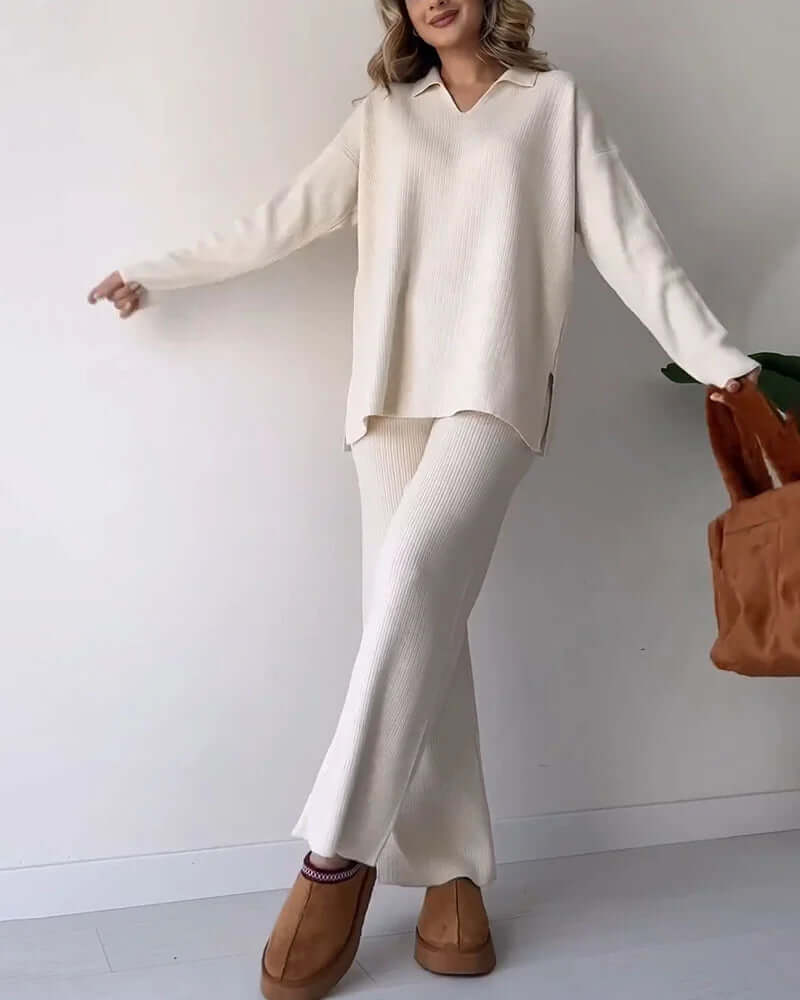 Women's ribbed knit loungewear set, a cozy two-piece for ultimate comfort & relaxed fit.