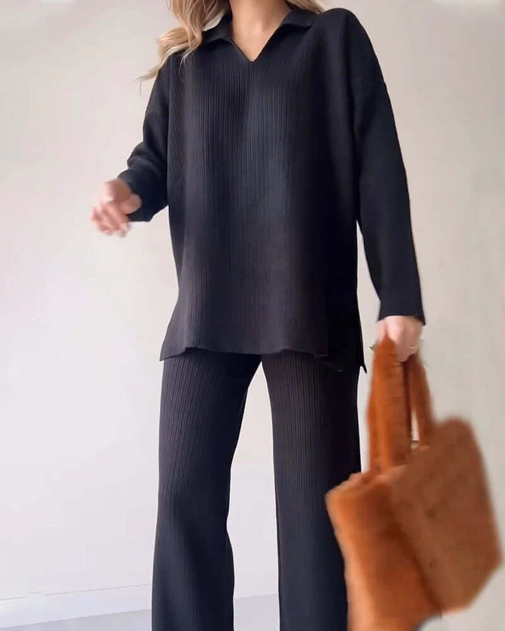 Flared ribbed knit loungewear pants for women, part of a comfy two-piece set, perfect for relaxation.