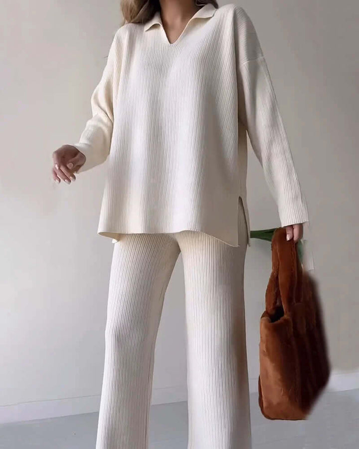 Warm & cozy women's ribbed knit loungewear set, essential for cold weather comfort and style.