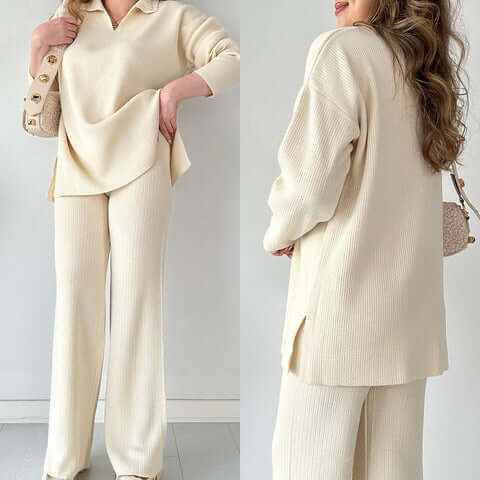 Women's ribbed knit two-piece loungewear set: V-neck sweater & flared pants for cozy fall comfort.