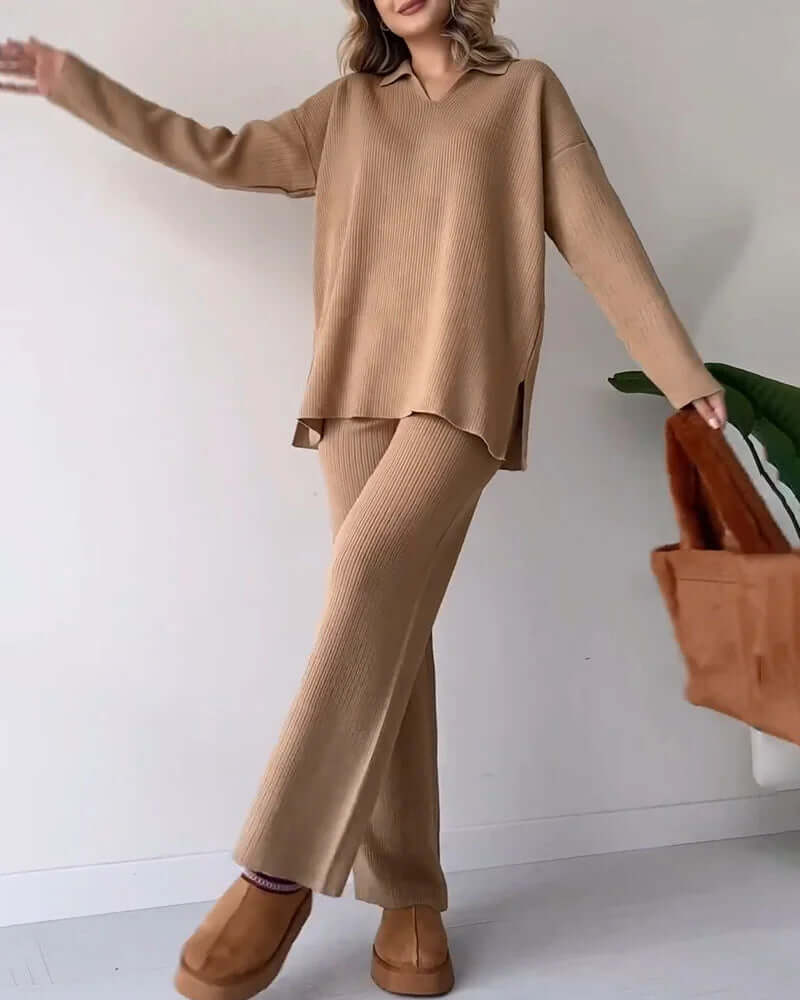 Cozy ribbed knit loungewear set: relaxed V-neck sweater & comfy flared pants for women.